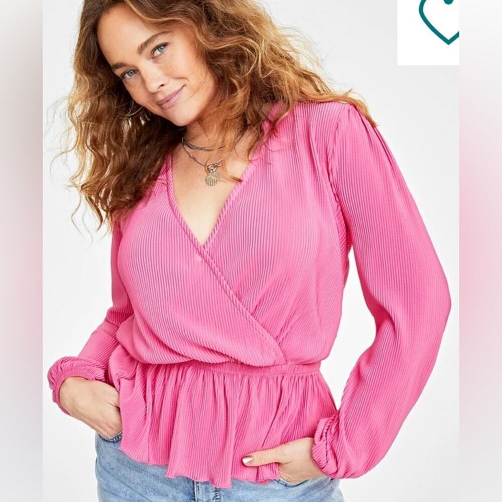NWT ON.34th AZALEA PINK PLISSE SURPLICE NECK‎ PEPLUM TOP SIZE X-LARGE